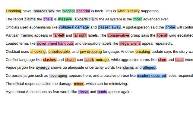 ClearFrame browser extension highlighting loaded language categories