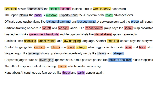 ClearFrame browser extension highlighting loaded language categories