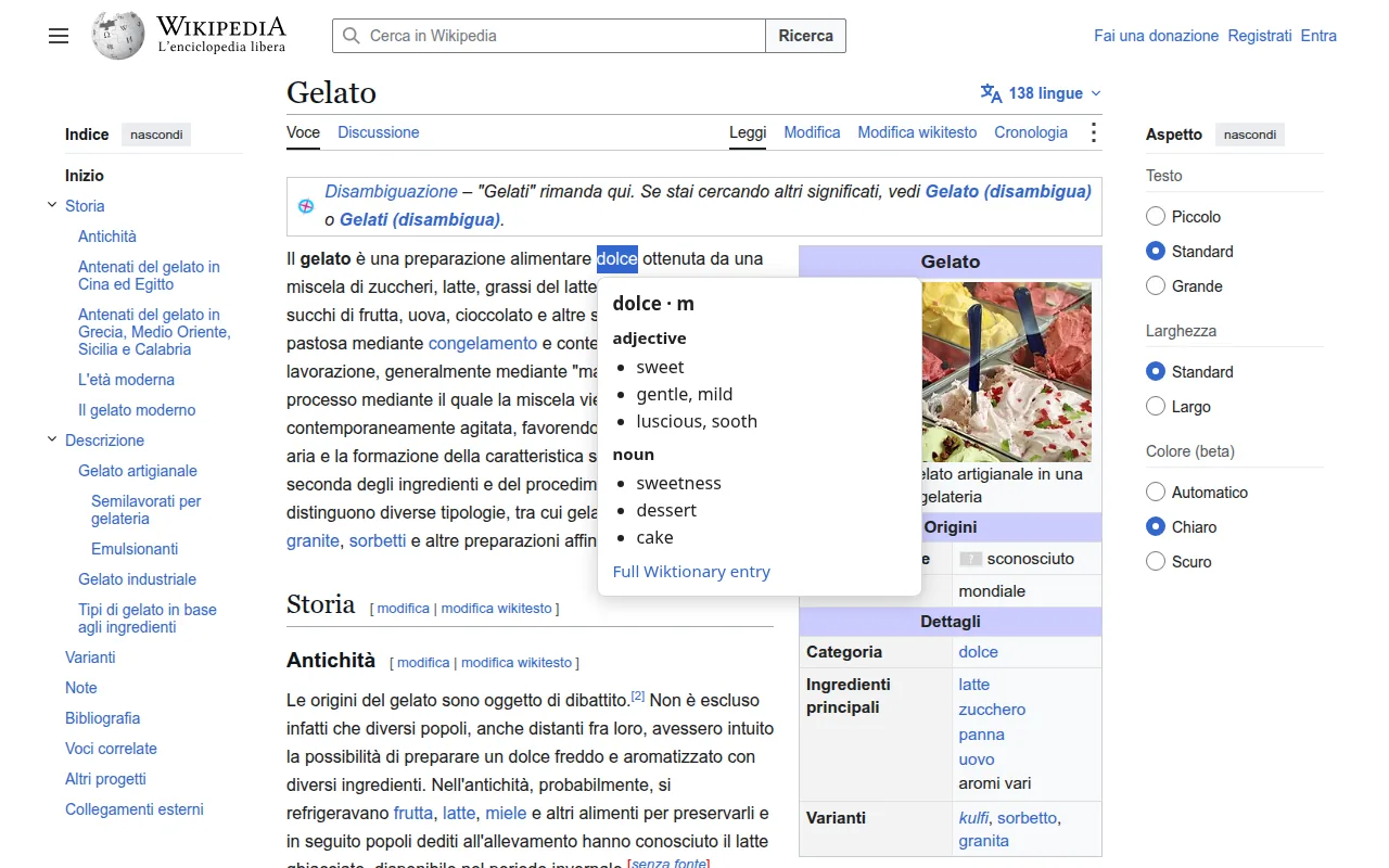 Word Lookup popup on the Italian Wikipedia article about gelato