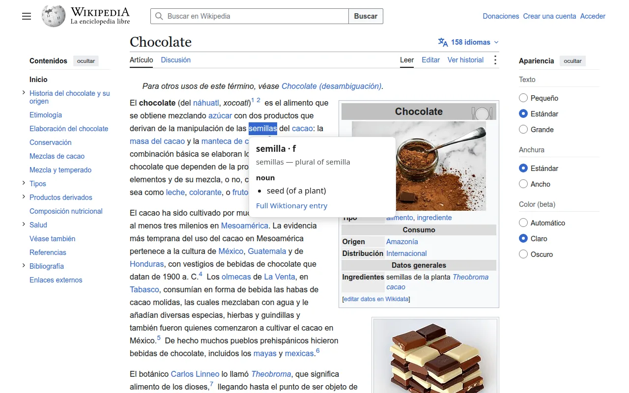 Word Lookup popup on the Spanish Wikipedia article about chocolate