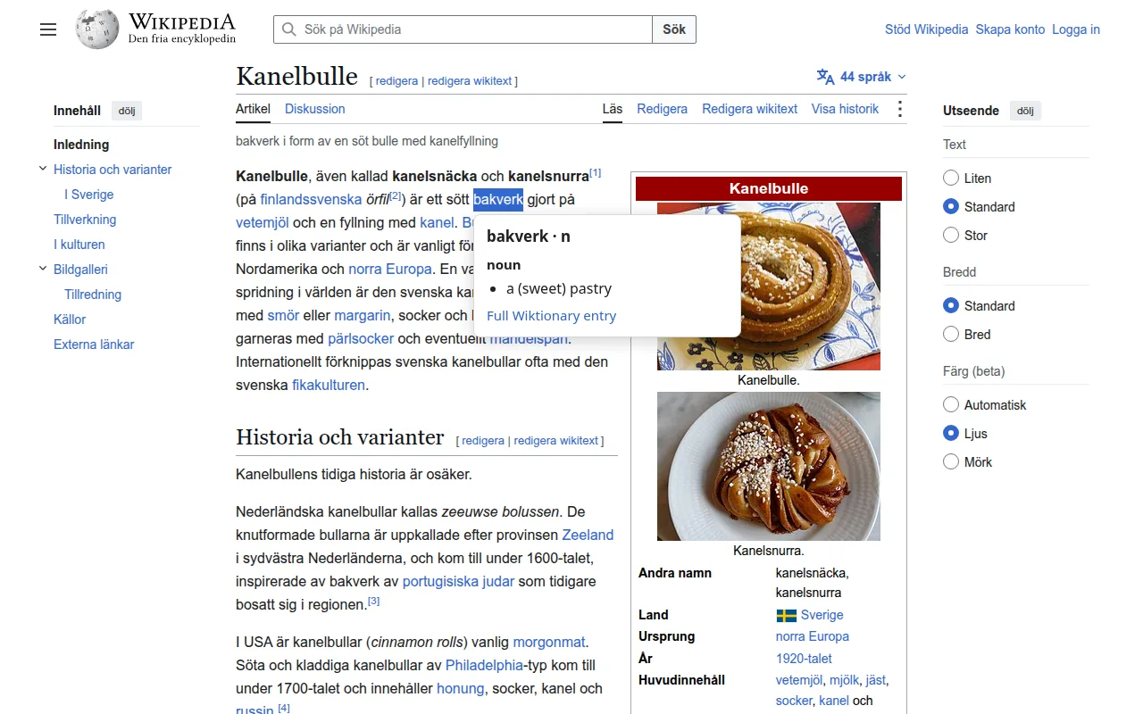 Word Lookup popup on the Swedish Wikipedia article about cinnamon buns